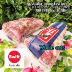 Beef Ribeye AUSTRALIA PR STEER (prime young cattle) AGED by producer brand SWIFT FROZEN steak cuts 3/4 & 1 inch price/kg 3-4pcs (Scotch-Fillet / Cube-Roll)